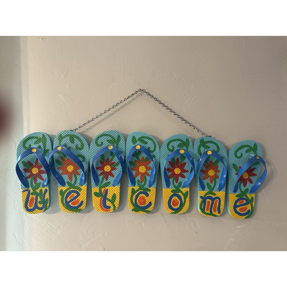 Handmade Flip Flop Welcome Sign Wall Hanging Beach Tropical Decor Blue 23in